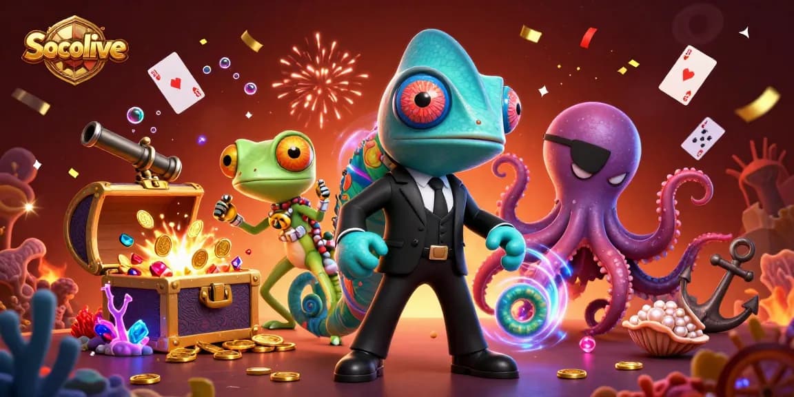 Socolive showcases a vibrant scene featuring a secret agent chameleon and friends discovering treasures in a dynamic casino adventure.