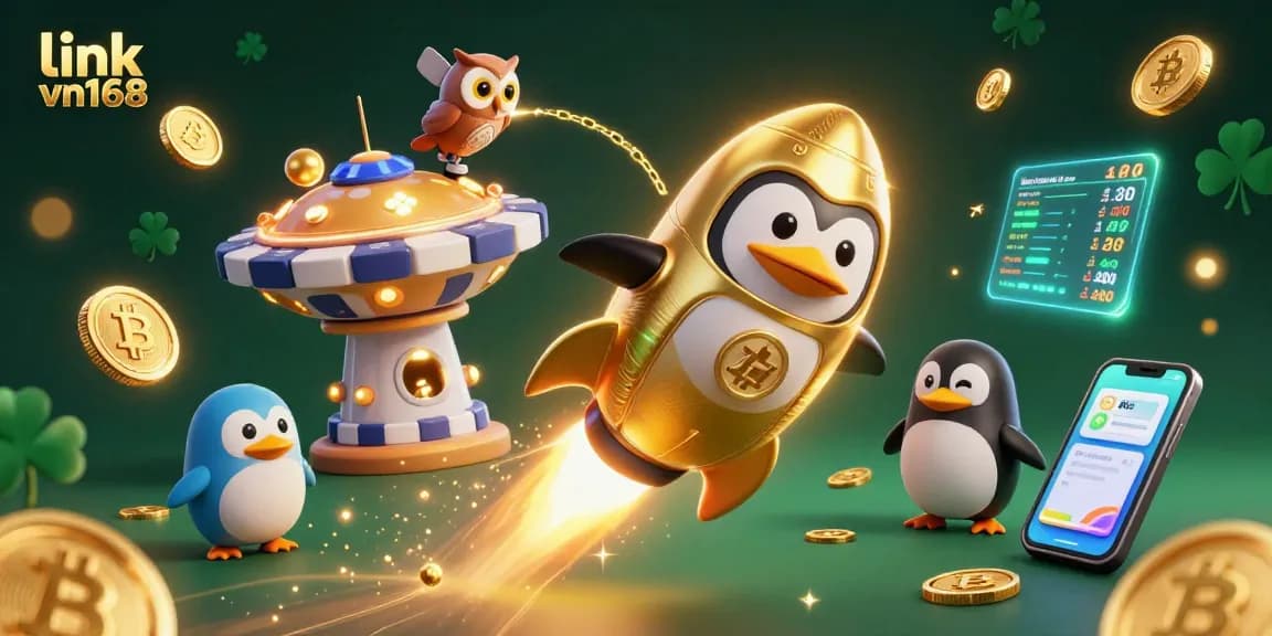 Experience thrilling casino adventures as you explore link vn168 with a dynamic 3D illustration featuring a rocket-powered penguin in a vibrant gaming universe.