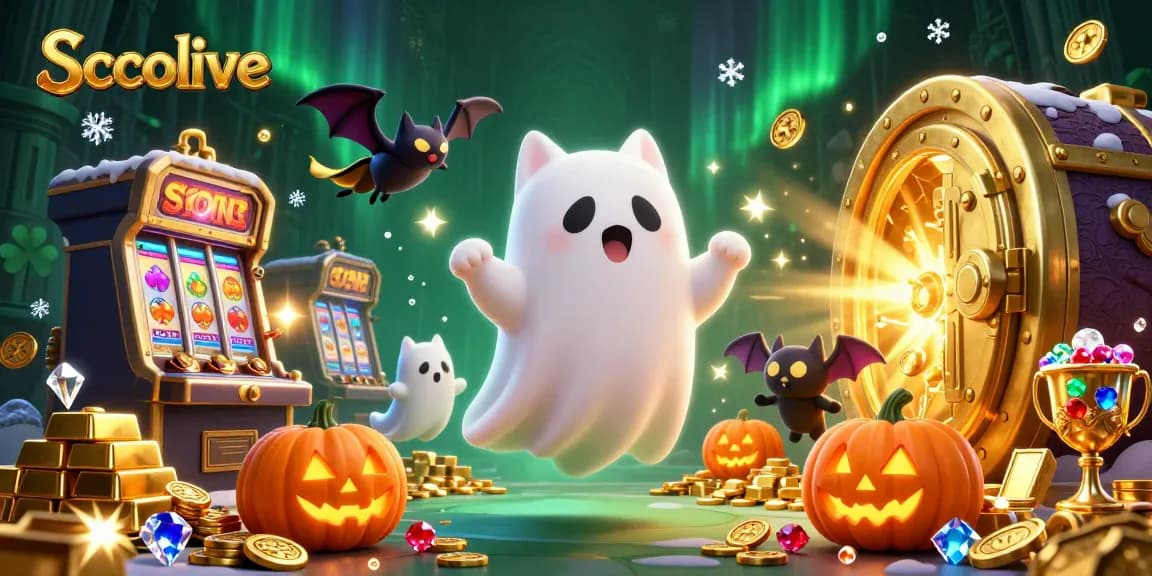 Socolive showcases a lively 3D animation where a friendly ghost cat and a bat encounter treasures within a haunted casino.