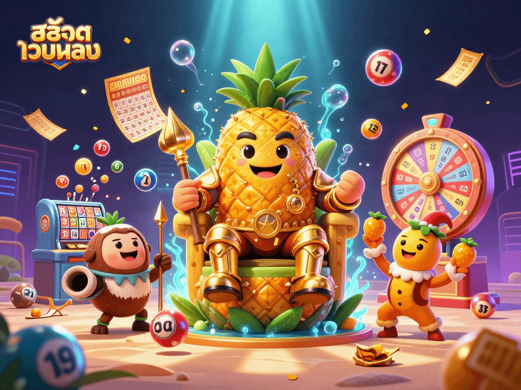 Experience the excitement of สล็อตเว็บตรง with vibrant lottery balls and dynamic characters in a festive casino scene.