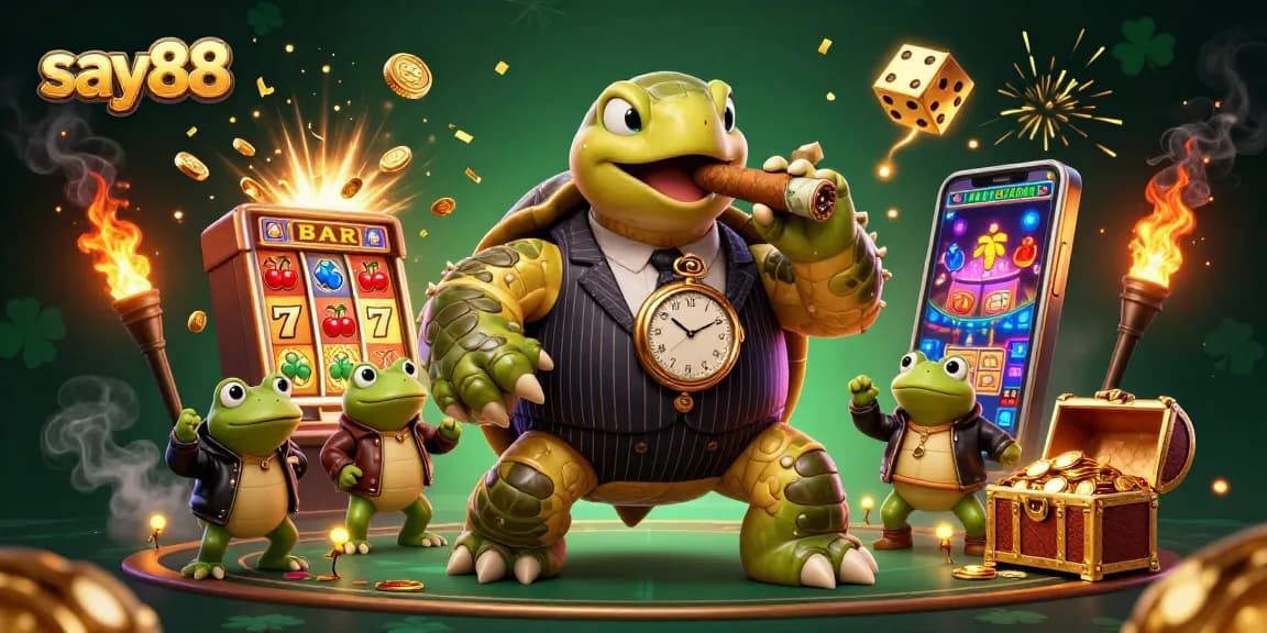 Experience the excitement of say88 with a vibrant 3D casino scene featuring a turtle mobster and jackpot action.