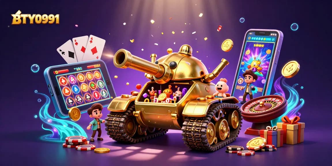 Experience the excitement of BTY0991 with a vibrant 3D casino scene bursting with games and gold.