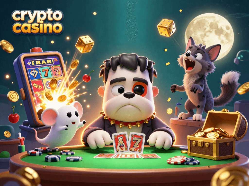 Play in a vibrant crypto casino environment with a Frankenstein bulldog dealing cards.