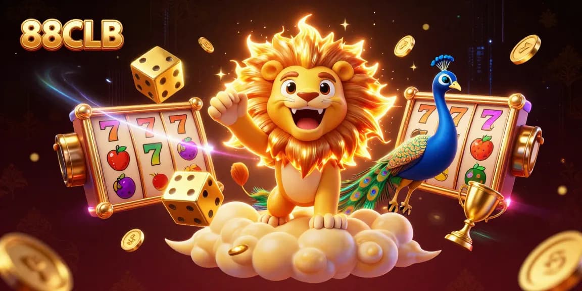 Experience the thrilling atmosphere of 88CLB with slot reels and golden dice in this vibrant illustration.