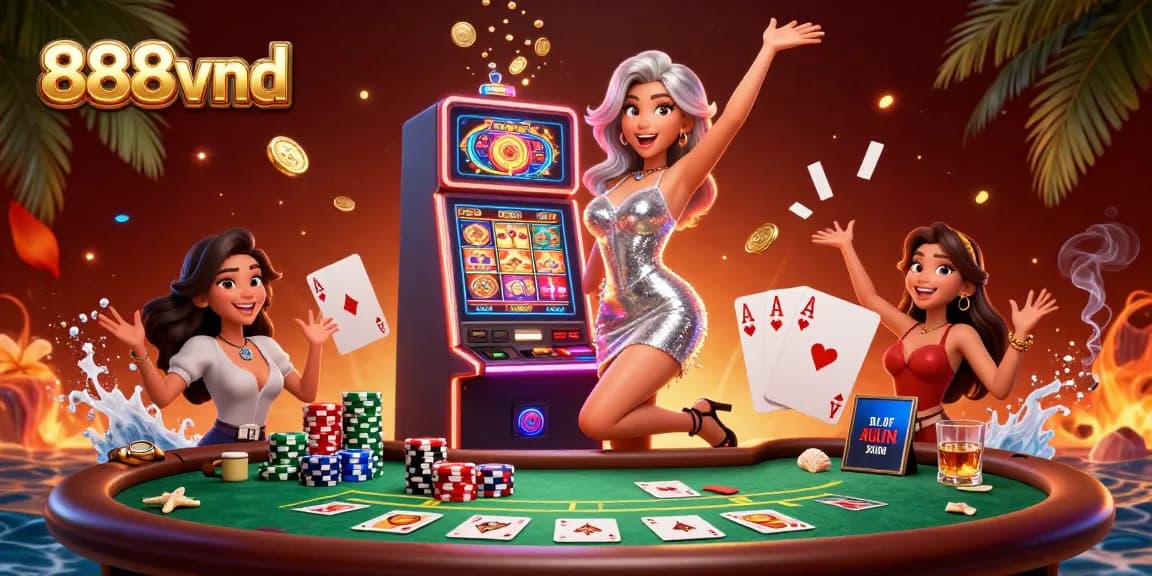 Experience the thrill of winning at 888vnd with vibrant casino games and dynamic illustrations.