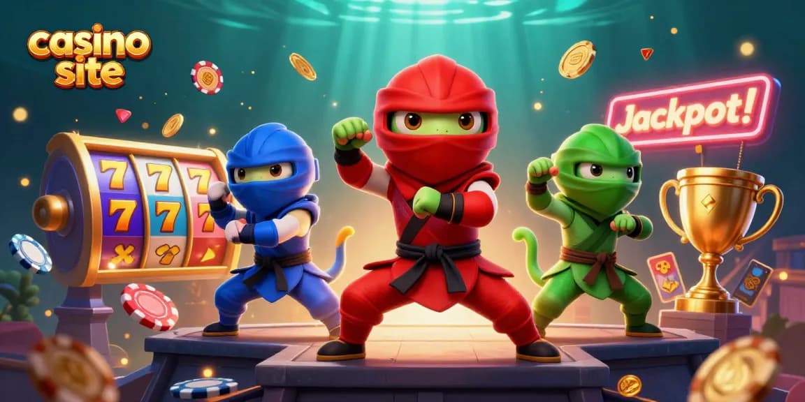 Engage with top casino site features in a vibrant, dynamic 3D illustration showcasing ninja chameleons and slots.