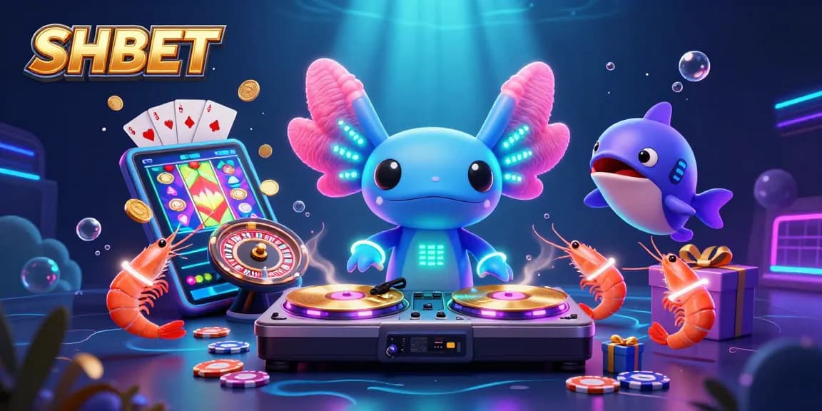Experience the vibrant world of SHBET with a neon-colored axolotl DJ and dynamic casino elements.