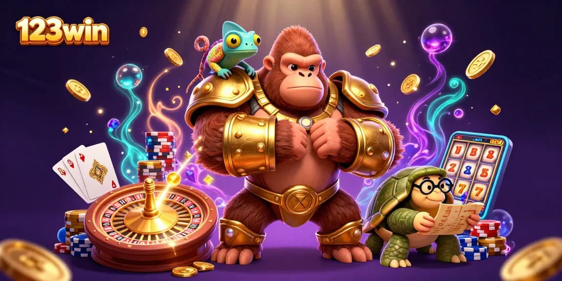 Experience the thrill of 123win with vibrant casino characters in an electrifying gaming scene.
