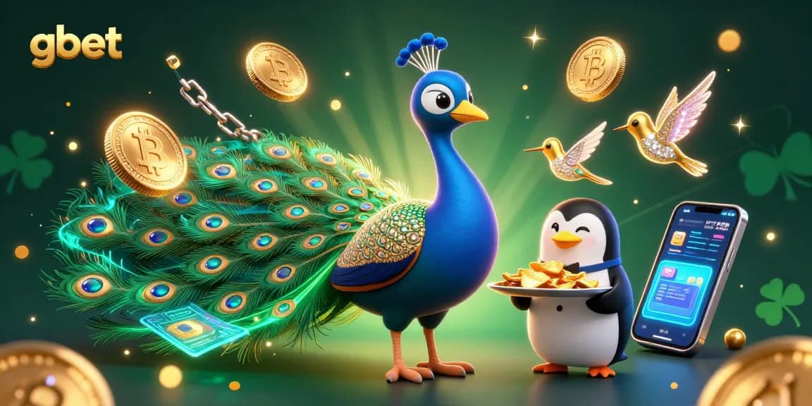 Experience gbet's vibrant games with a 3D illustration featuring a peacock and interactive elements.