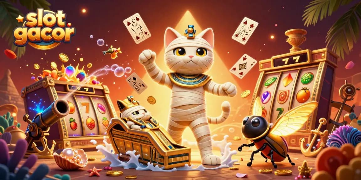 Slot gacor menarik perhatian pemain dengan ilustrasi 3D slot dan kucing mummy yang dramatis.