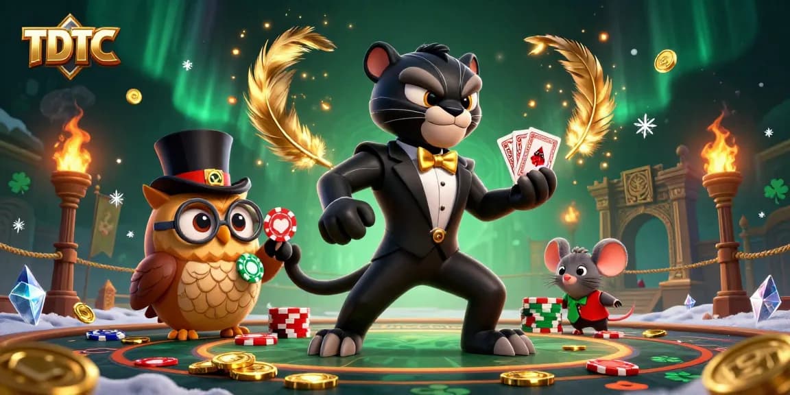 TDTC card dealer illustration with panther, owl, and mouse in a dynamic casino setting.