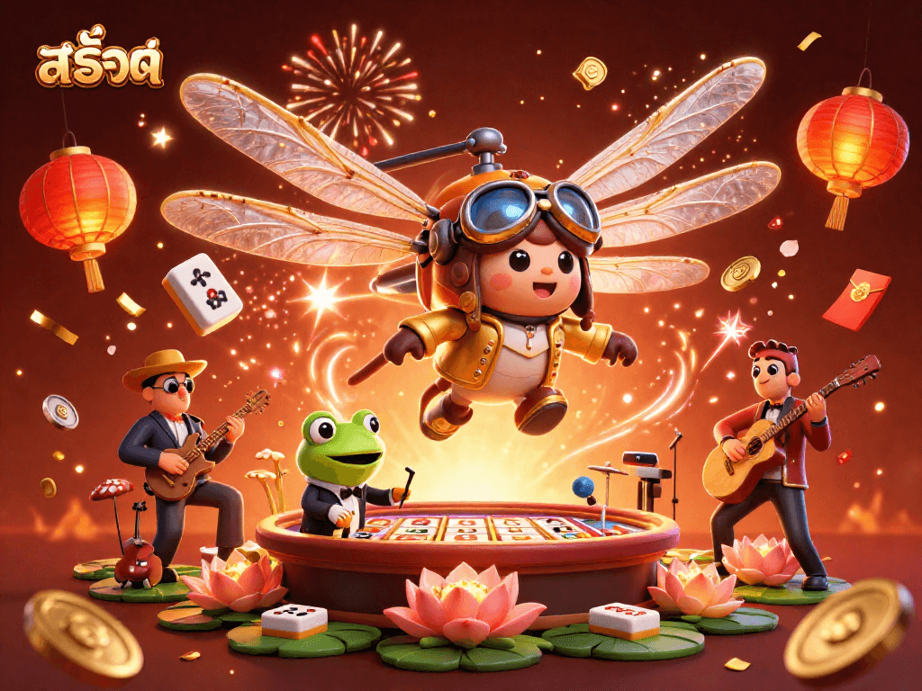 Engage with สล็อต in an ultra-detailed casino scene featuring a flying dragonfly pilot and frog croupier.