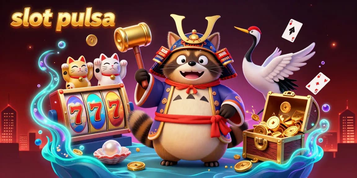 Experience vibrant slot pulsa action with cheerful tanuki and lucky symbols in this dynamic casino scene.