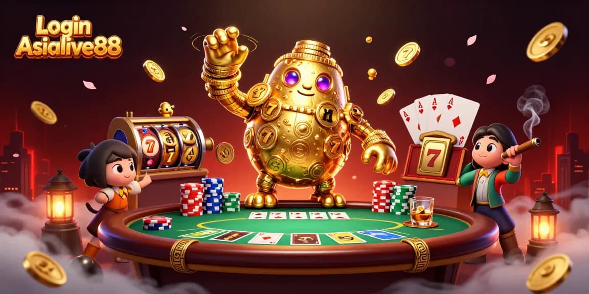 Engage with Login Asialive88 through lively poker games, featuring a golden golem and vibrant casino atmosphere.