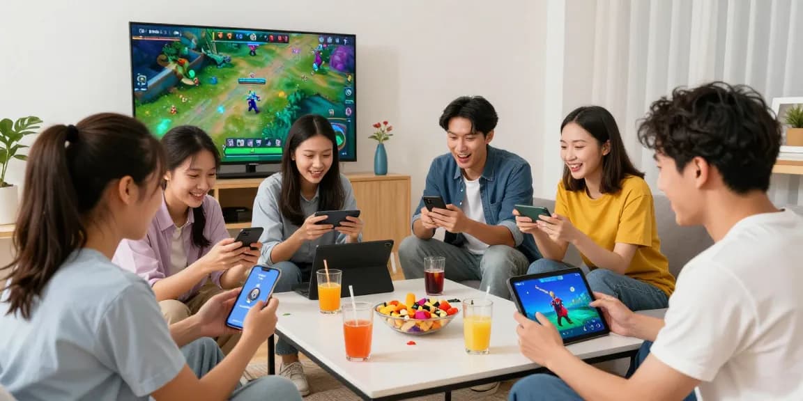 Engaging group enjoying 3Patti Blue gameplay on mobile devices at home, showcasing vibrant snacks and lively atmosphere.