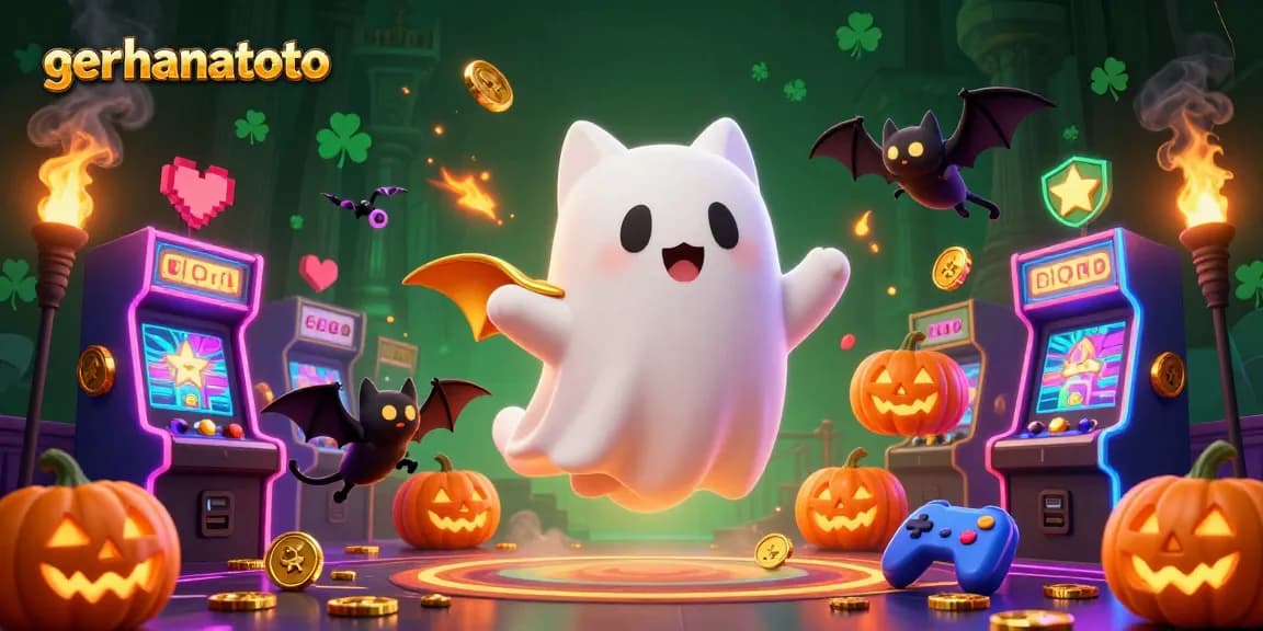 Menggali kesenangan di gerhanatoto dengan kucing hantu dan ikon mesin slot mengelilingi suasana kasino yang megah.