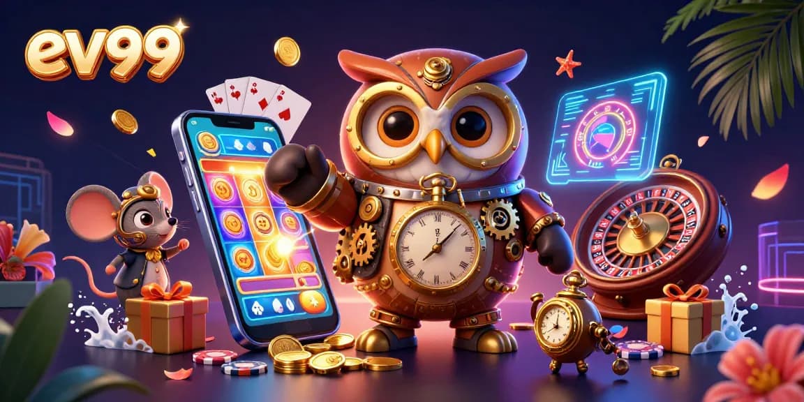 Experience ev99's vibrant world of gaming with a steampunk owl and a clockwork mouse amidst casino excitement.