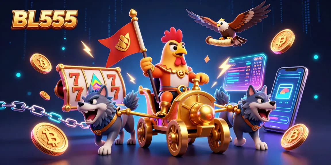 Spin and win at BL555 with vibrant casino action featuring a rooster warlord and digital elements.