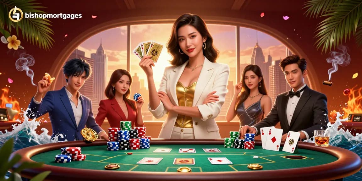 Engage in exciting gaming at bishopmortgages with a glamorous dealer showcasing poker cards.