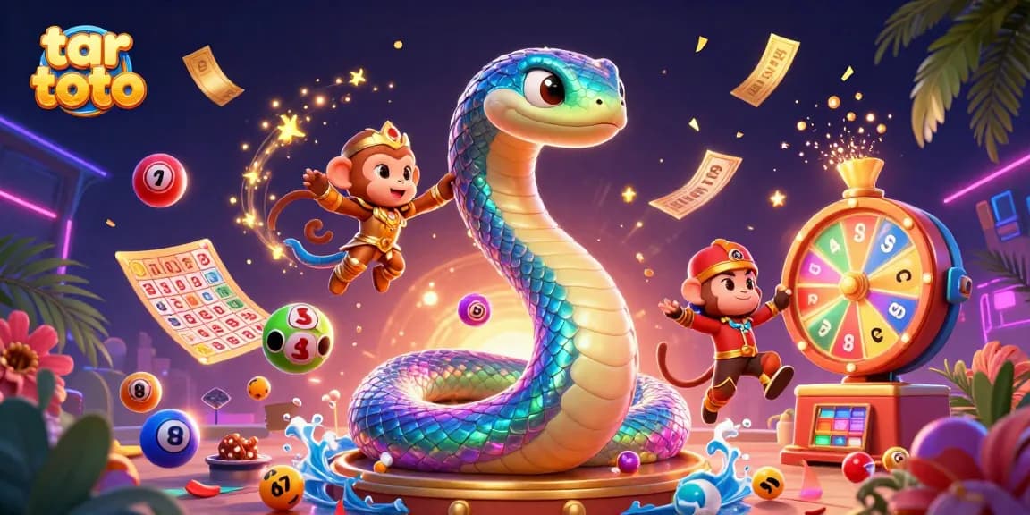 Experience thrilling wins with tar toto’s vibrant lottery scene featuring a rainbow serpent and playful characters.