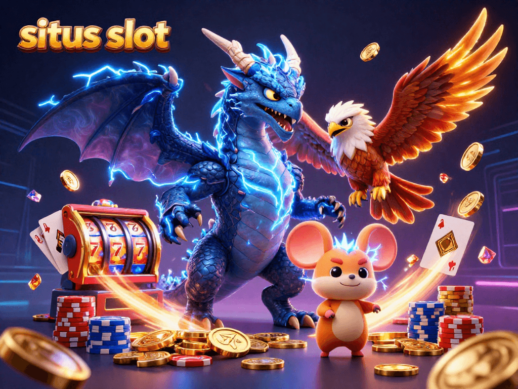 Permainan situs slot dengan karakter naga bertarung di tengah tumpukan koin emas dan batu permata.