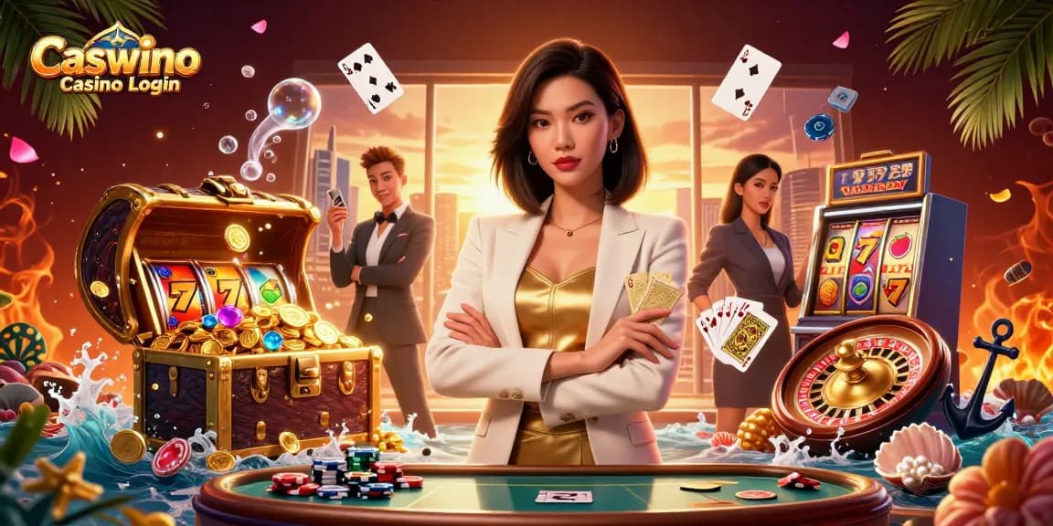 Join the exciting Caswino Casino Login with an elegant Asian woman showcasing her poker cards, rich in casino elements.