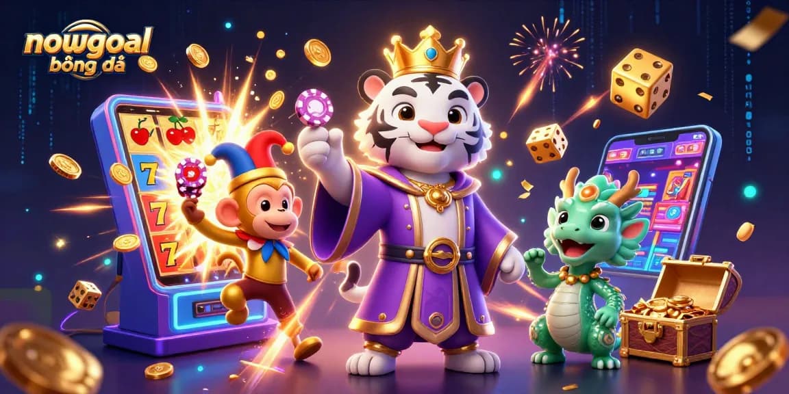 Engage with nowgoal bóng đá through a vibrant illustration of a royal tiger, monkey, and dragon celebrating casino wins.