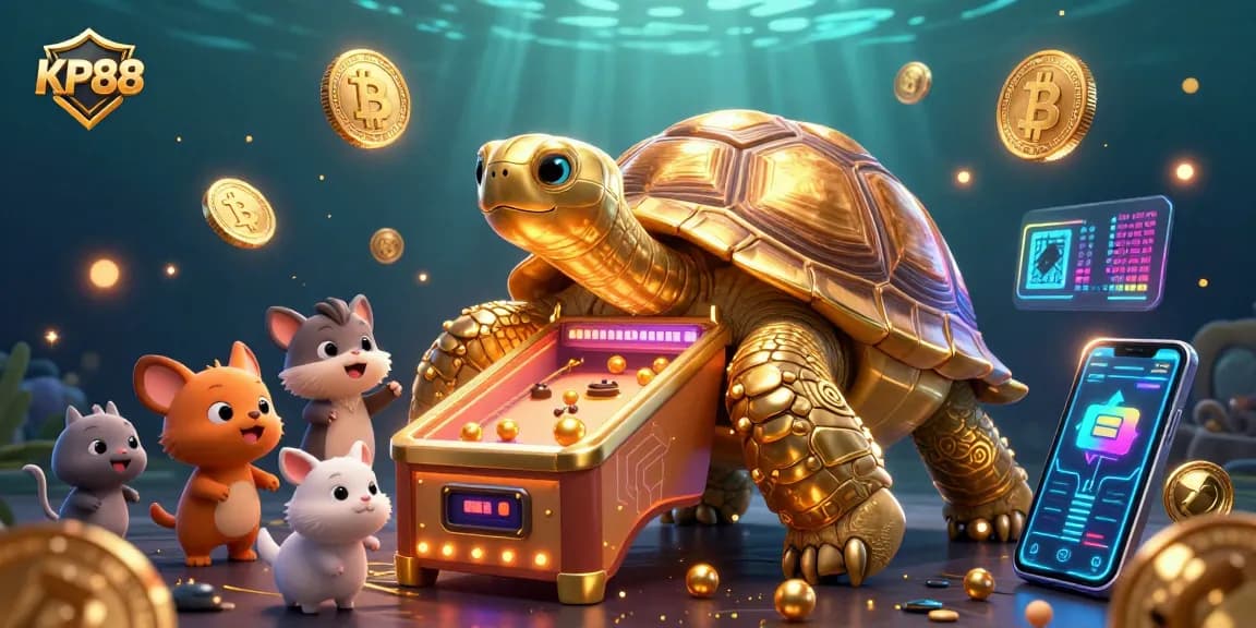 Engage with KP88's golden tortoise pinball machine amidst crypto elements for thrilling casino gaming.