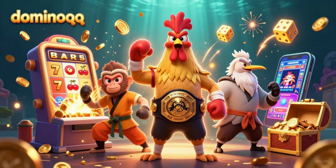 Play exciting dominoqq games with vibrant 3D characters and jackpot elements in a colorful casino scene.