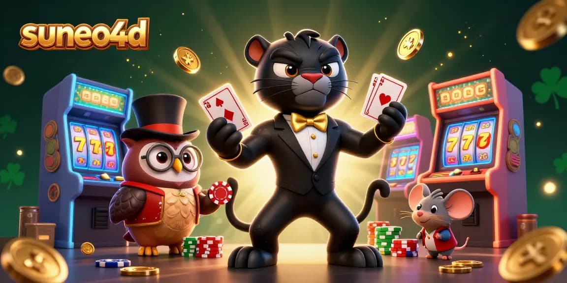 Engage with the vibrant world of suneo4d featuring a stylish panther dealer, an owl with poker chips, and a lucky mouse amidst dazzling casino elements.