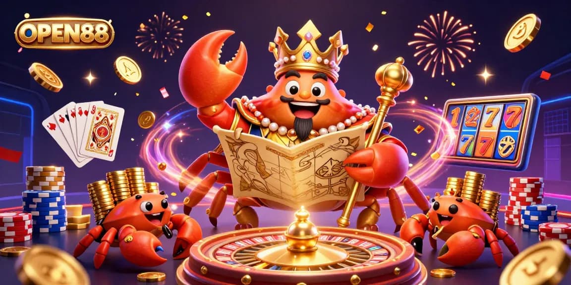 Experience thrilling wins with OPEN88's dynamic gaming paradise featuring golden crab and vibrant casino elements.