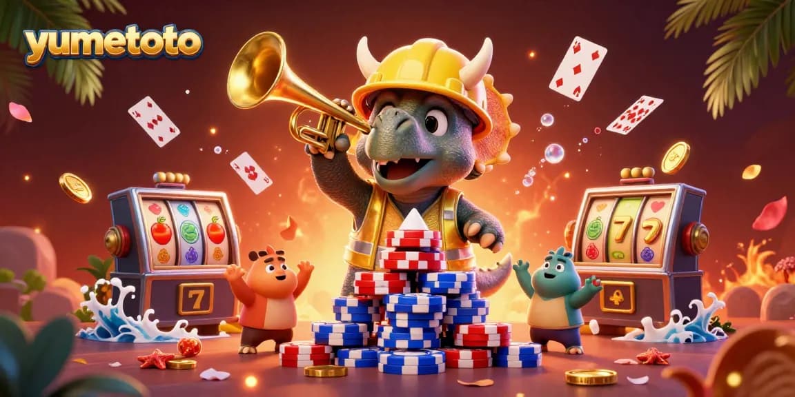 Experience the excitement of yumetoto with a lively 3D scene of a triceratops building poker chips, celebrating wins.
