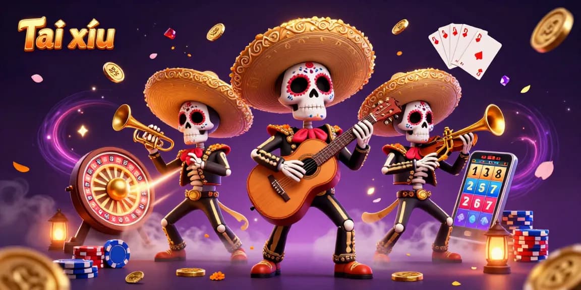 Engage in Tài xỉu excitement with dynamic casino action illustrated by a vibrant mariachi band surrounded by flying coins and gaming elements.