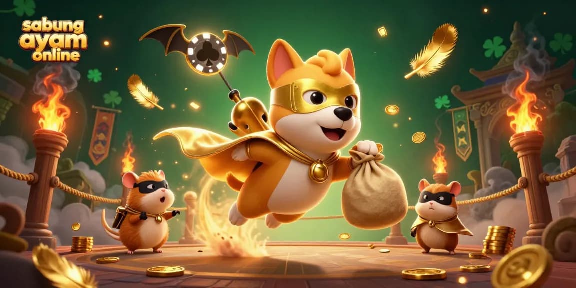 Engage in sabung ayam online with a vibrant scene showcasing a superhero dog amid a thrilling betting atmosphere