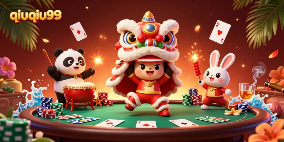 Experience thrilling games at qiuqiu99 with vibrant characters, poker tables, and rich casino decorations.