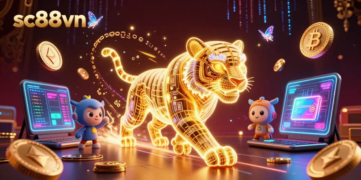 Experience thrilling gaming at sc88vn with a neon golden tiger in a vibrant digital casino.