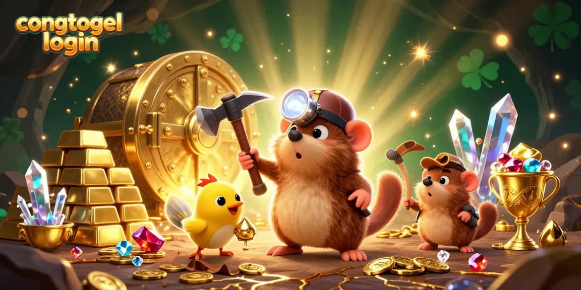 Immerse in the excitement of congtogel login, featuring a treasure hunter mole in a vibrant casino scene adorned with gems and gold.