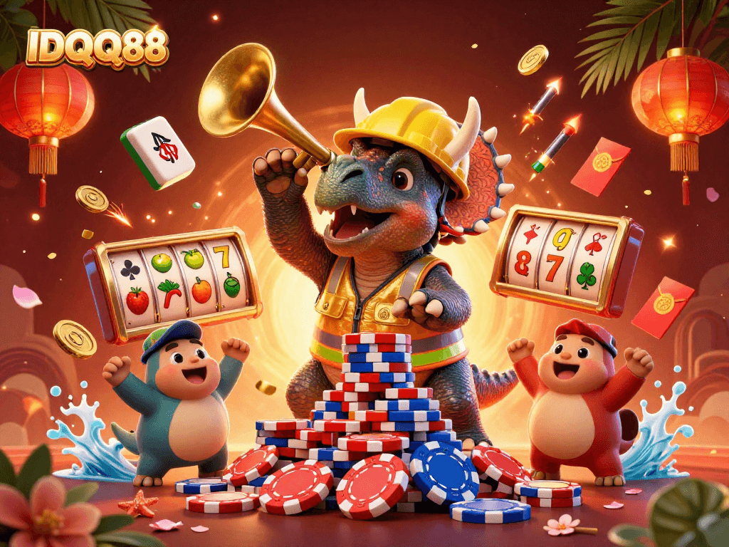 IDQQ88 showcases a lively 3D scene with cheerful dinosaurs building poker chip pyramids amidst vibrant casino elements.