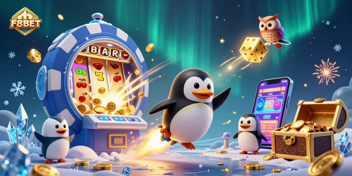 Win big with F8BET in a colorful casino scene featuring a golden penguin, slot machine, and vibrant graphics.