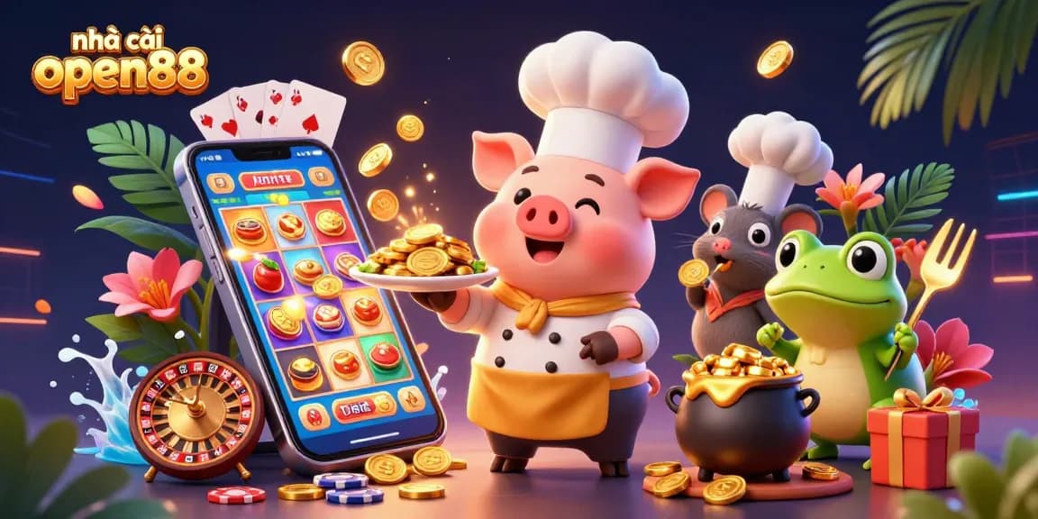 Engage with the exciting world of nhà cái open88 as cartoon characters celebrate winnings amidst casino game elements.