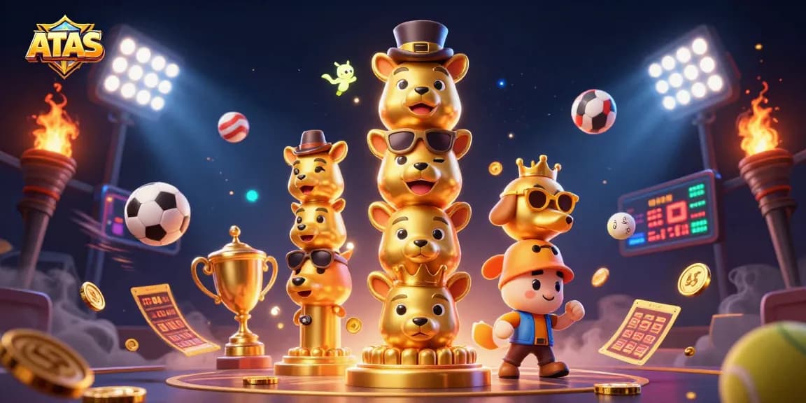 ATAS Casino showcases a lively golden totem pole surrounded by dynamic sports elements for thrilling gameplay.