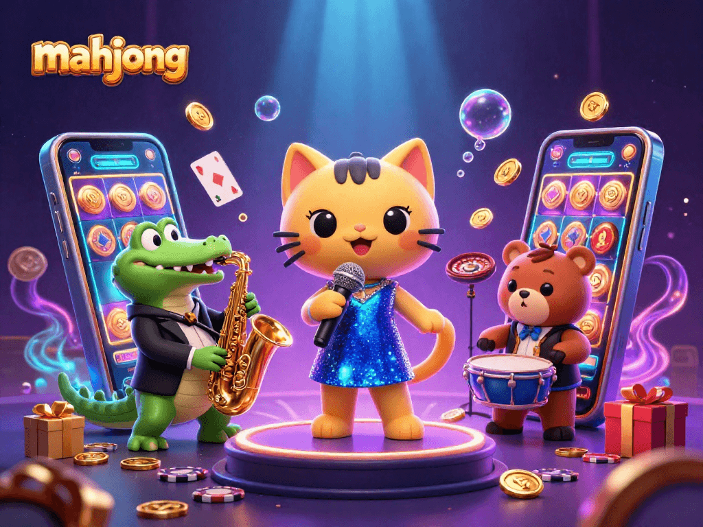 Play mahjong adventures with a vibrant casino scene featuring colorful slots and iconic characters.