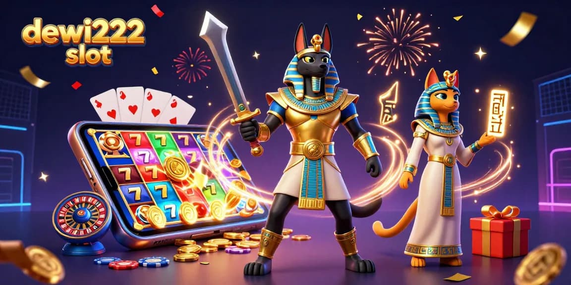Jelajahi keseruan bermain dewi222 slot dengan karakter Anubis dan Bastet dalam suasana kasino yang ramai.