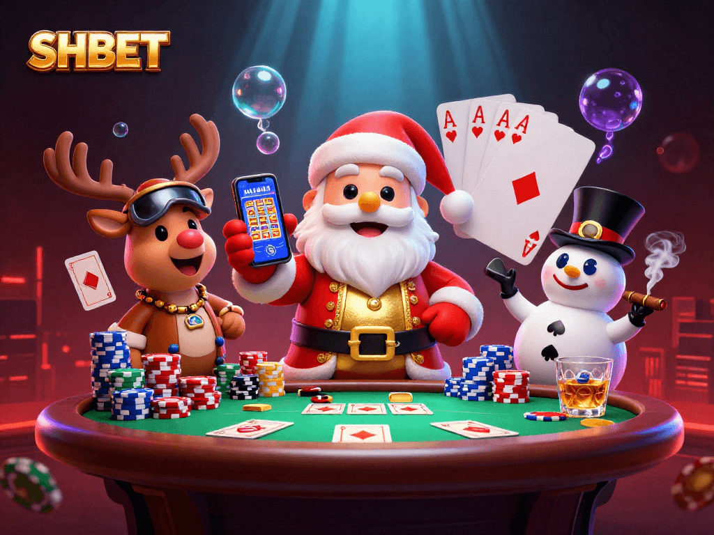 Experience festive gaming excitement with SHBET, featuring Santa, a reindeer dealer, and a poker chip snowman.