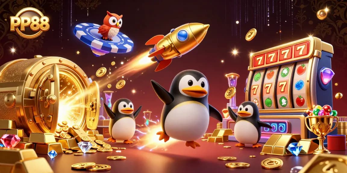 Experience the excitement of PP88 as golden coins and jackpot symbols soar through a vibrant, casino-themed universe.