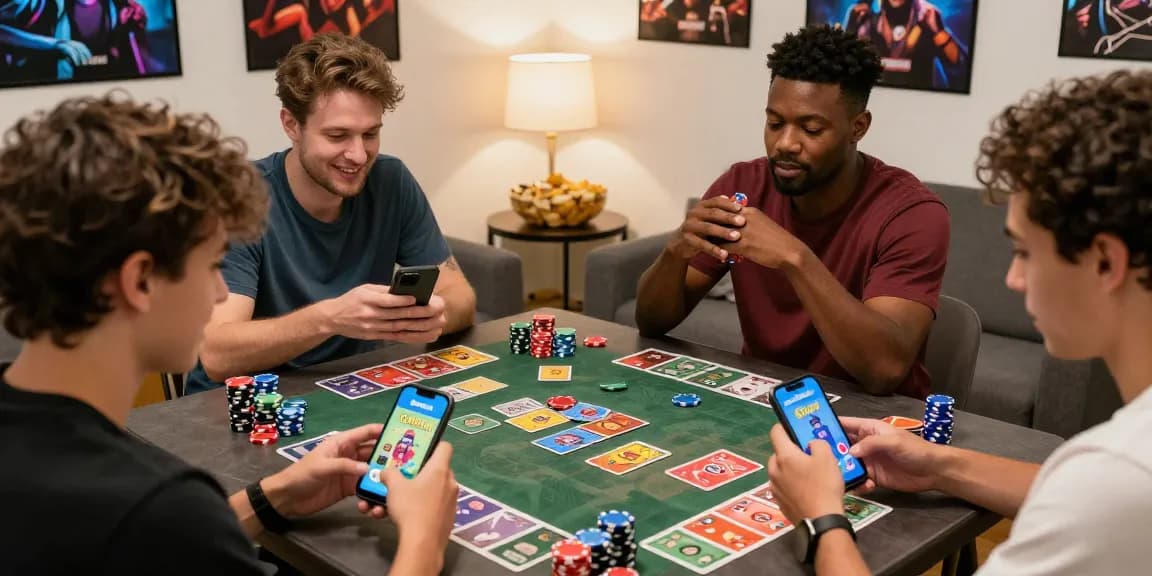 Group of friends enjoying Card Rummy app on their smartphones with stacks of game chips, showcasing the excitement of online gaming at https://cardrummyapp.com.pk/.