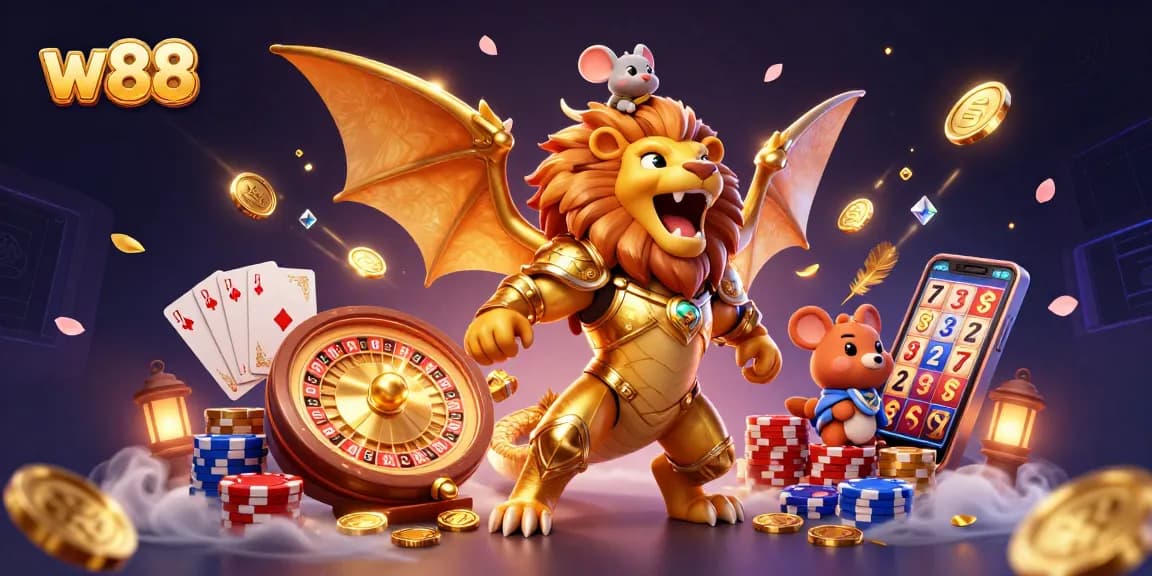 Engage in thrilling gameplay with w88, visualizing a majestic chimera, shimmering coins, and dynamic casino elements.