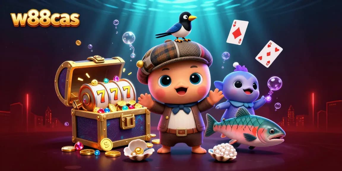 Immerse in w88cas excitement, with vibrant characters amid casino-style treasures and slot reels.