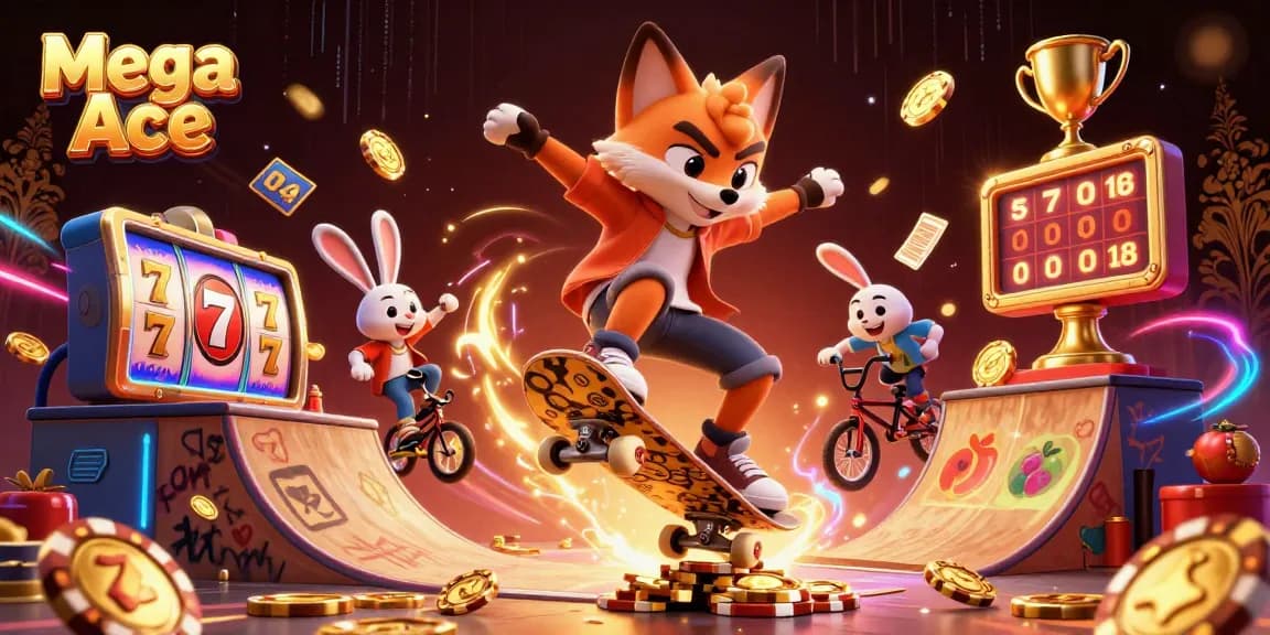 Mega Ace showcases lively 3D cartoon characters amid dynamic slot symbols, engaging in thrilling casino fun.
