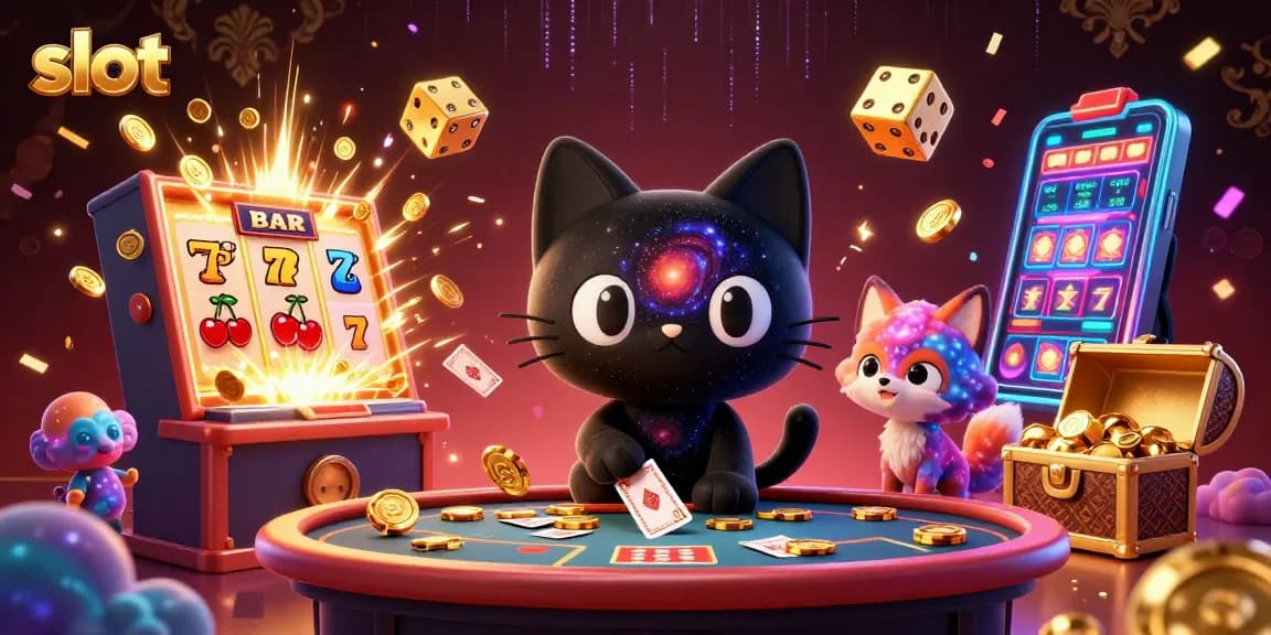 Experience thrilling slot gameplay with an interactive cosmic scene showcasing a black hole cat and whimsical elements.